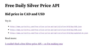 Screenshot of silver price API landing page with endpoints